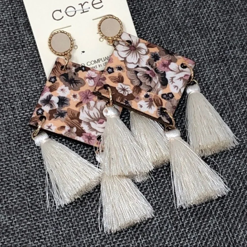 Floral Square Wood Triple Tassel Dangle Earrings